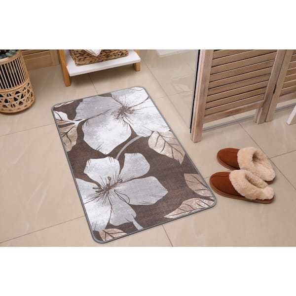 Grey/Brown 2 ft. x 3 ft. Non-Skid Floral Area Rug