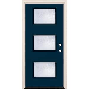 36 in. x 80 in. Left-Hand/Inswing 3-Lite Rain Glass Indigo Painted Fiberglass Prehung Front Door w/6-9/16 in. Frame