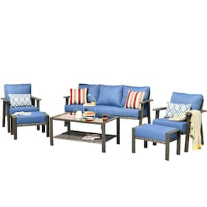 Walden Grey 6-Piece Wicker Metal Outdoor Patio Conversation Sofa Seating Set with a Coffee Table and Sky Blue Cushions