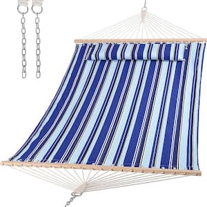 12 ft. Double Tree Hammock with Hardwood Spreader Bar, Extra Large Soft Pillow (Blue Stripes)