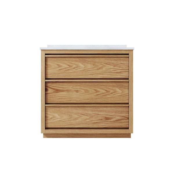 Oakland 36 in. Fully Assembled Freestanding Oak Solid Wood Bath Vanity with White Quartz Top, Soft-Close, Backsplash