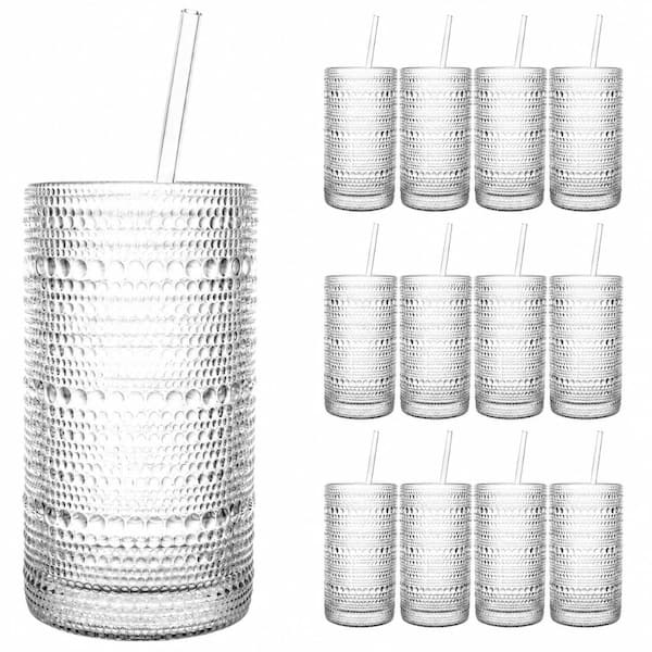 16 oz Hobnail Embossed Vintage Clear Glass Drinking Tumblers Set of 12 with Glass Straws Clear Glass Water Glasses