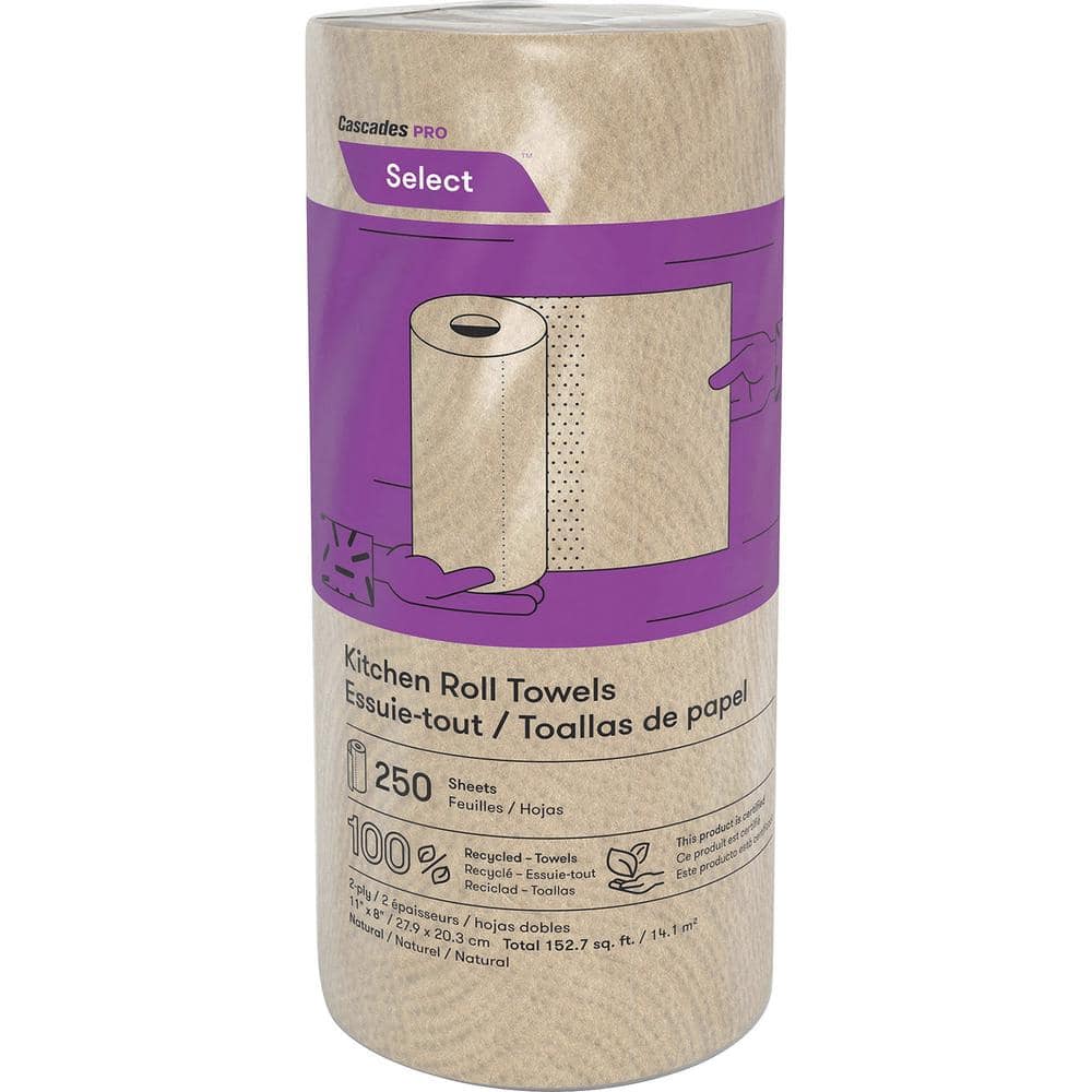 Cascades Pro Select Kitchen Roll Towels, 2-Ply, 11 x 166.6 ft, Natural, 250/Roll, 12/Carton