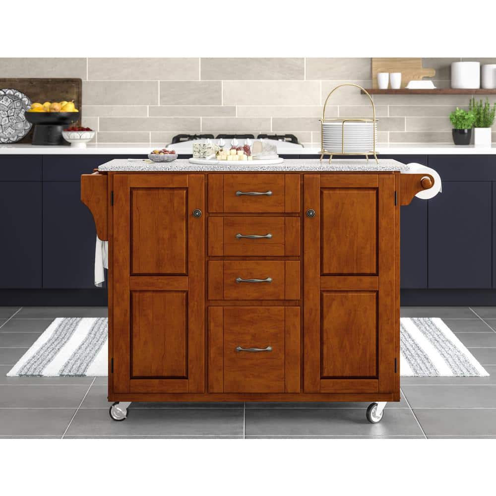 Medium Cherry and Salt Pepper Granite 48" Kitchen Cart with Spice Rack