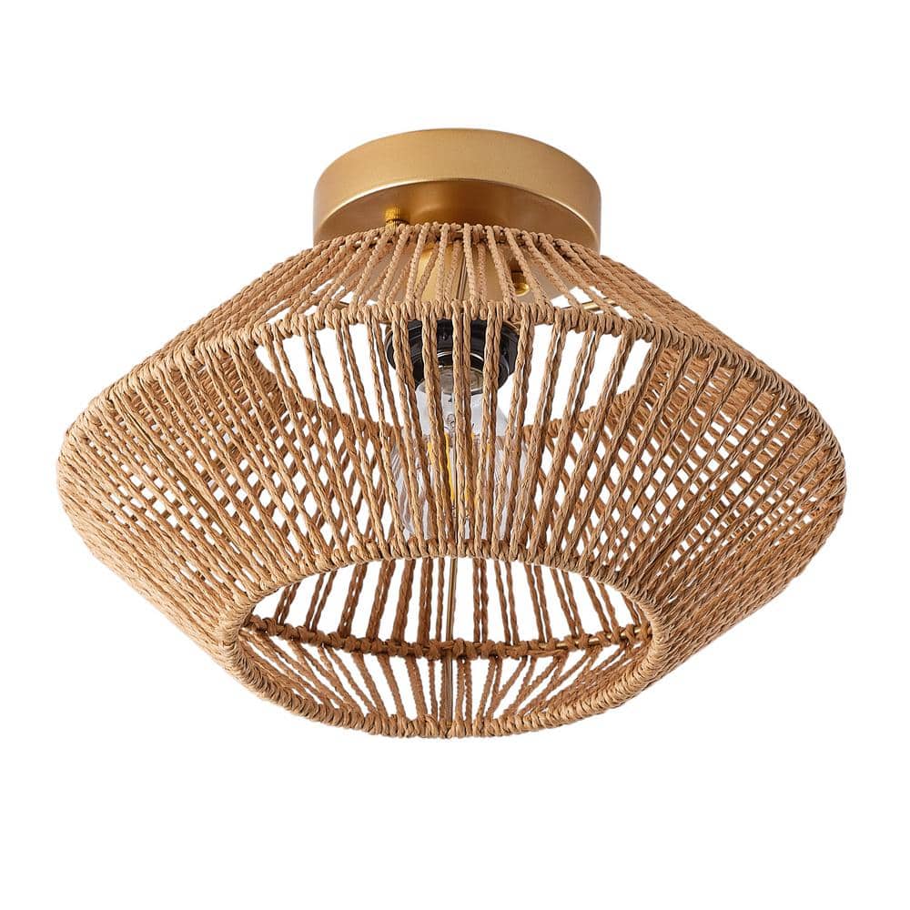12.6 in. 1-Light Woven Rattan Semi-Flush Mount Hand-Worked Cage Shade Natur