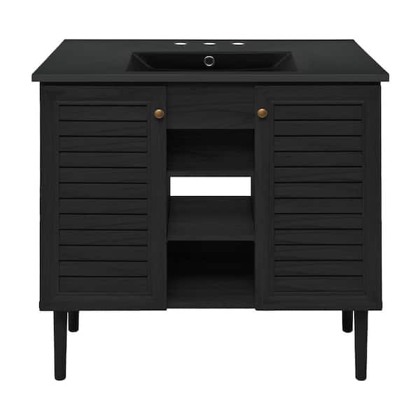 Swiss Madison Bron 36 in. Freestanding Bath Vanity in Black Oak with Black Ceramic 3-Hole Widespread Sink Top
