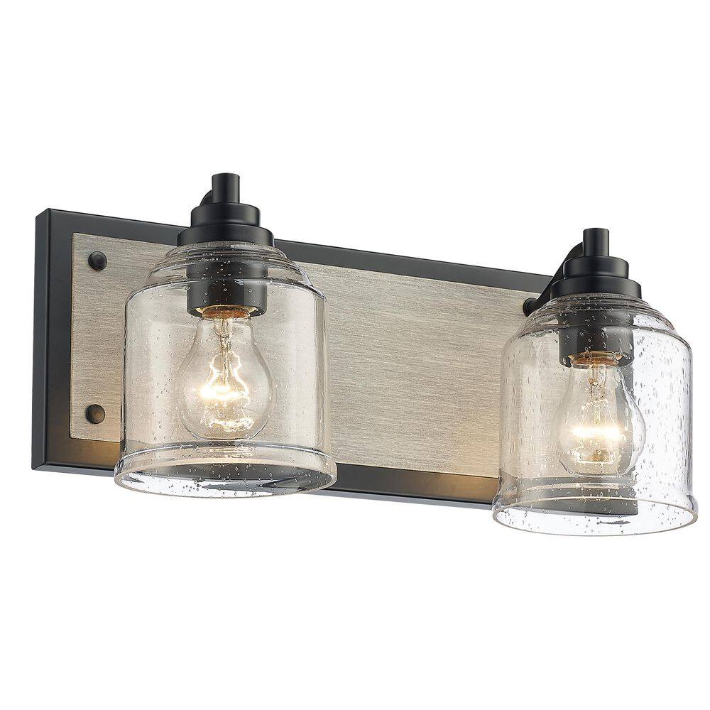 Farmhouse 15.75 in. 2-Light Black and Grey Wood Grain Wall Sconce Metal Bathroom Vanity Light with Seeded Glass Shades price history on PriceWatchPro