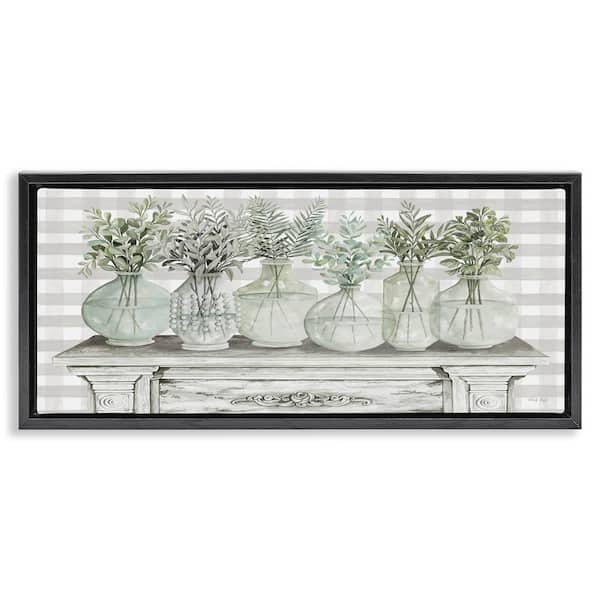 Country Herb Jars on Gingham by Cindy Jacobs Black Floater Frame Graphic Art Print Nature 31 in. x 15 in.