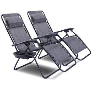 Black Folding Zero Gravity Chairs Metal Outdoor Lounge Chair in Gray Seat with Headrest (2-Pack)