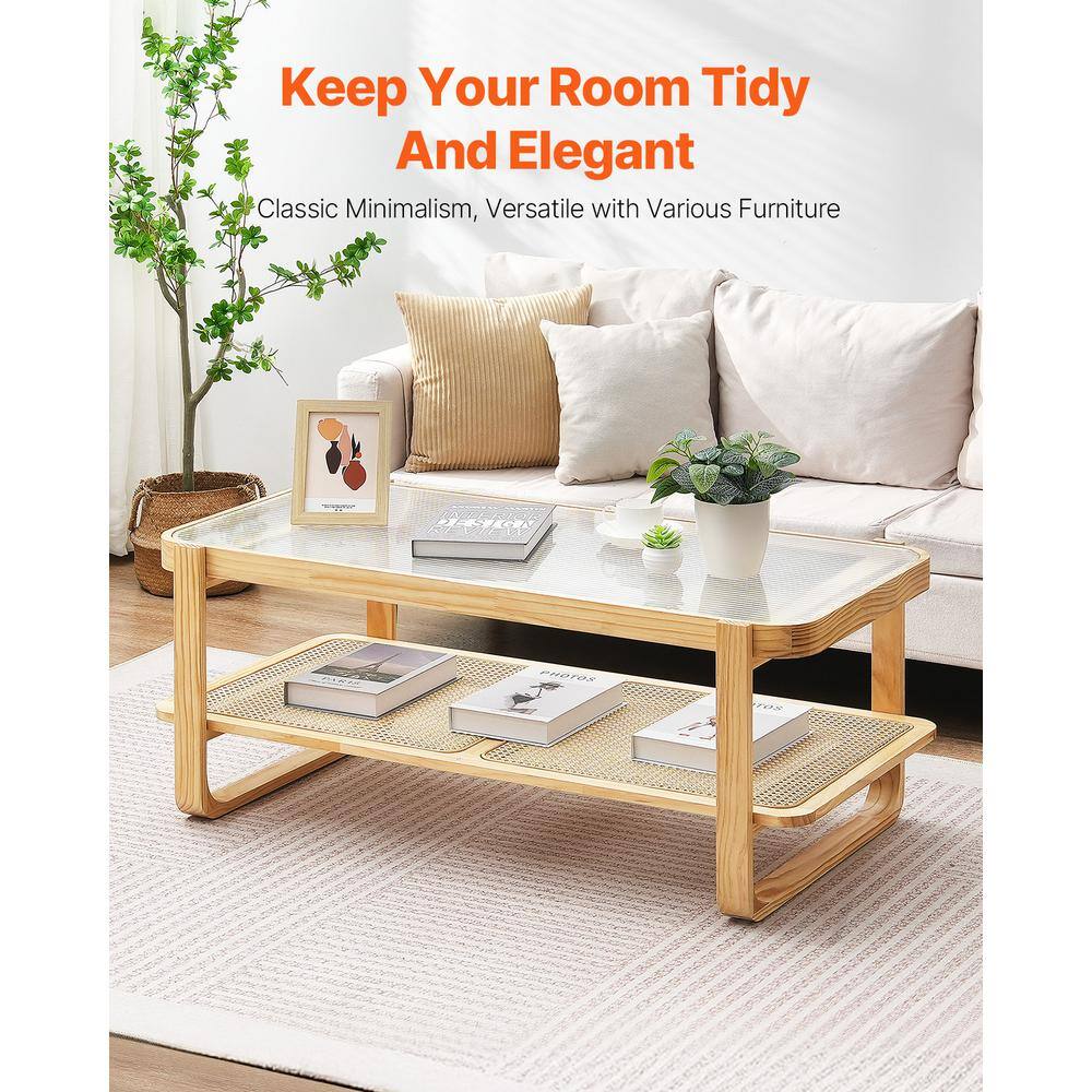 Natural Pine Wood and Glass Rectangular Coffee Table with Storage