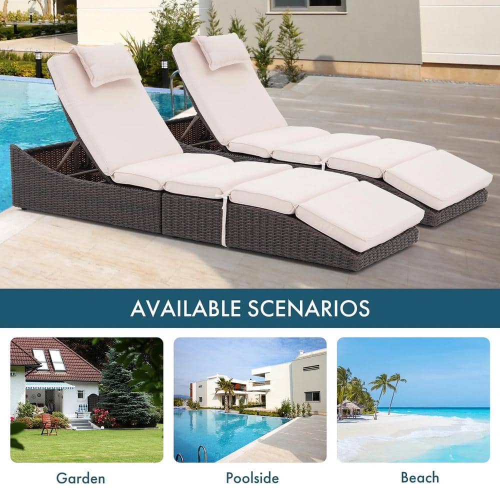 Two brown wicker chaise lounge recliners with beige cushions by a swimming pool.