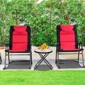3-Piece Metal 2 Folding Outdoor Rocking Chair Bistro Set with Black and Red Cushion