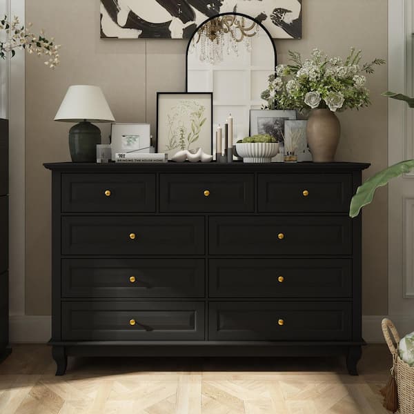 knobs for black dresser Kingdely 9-Drawer 55.1 in. Wide Chest of Drawers with Metal Knobs, Solid Wood Legs, Accent Design, Smooth Drawers Z-KF330075-02 Wood dresser gold