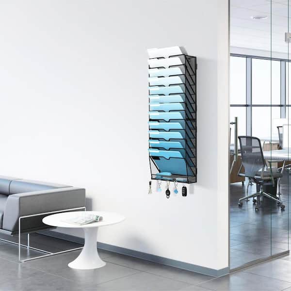 13-Tier Black Wall File Organizer with Hooks, Mesh Hanging File