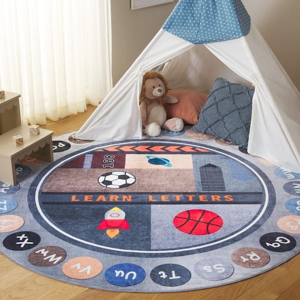 Santa Monica Kids 6 ft. x 6 ft. Round Gray/Blue Learn Letters Washable Area Rug