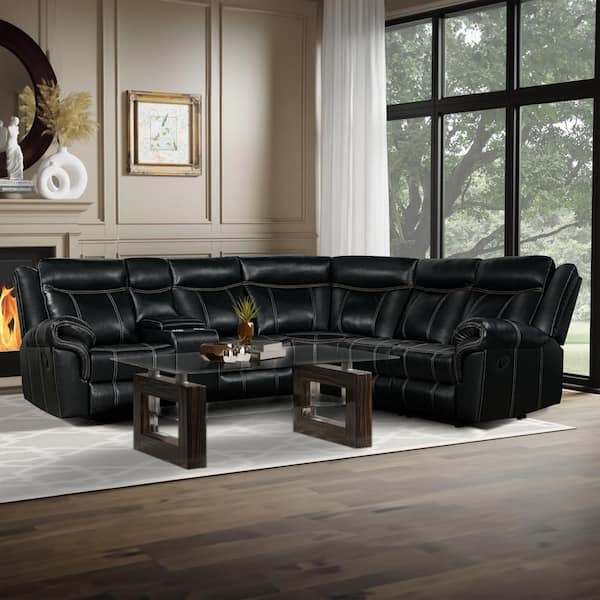 Harper & Bright Designs Home Theater 99.6 in. Flared Arm Faux Leather Reclining Sectional Sofa in Black with Cup Holders and Charging Ports