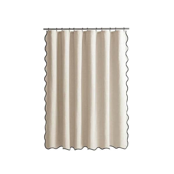 72 in. W x 84 in. L Faux Linen Scalloped Shower Curtain in Cream Textured with 12 Metal Hooks Cute with Black Border