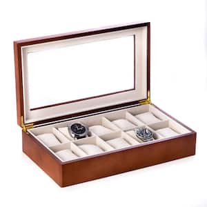 Cherry Wood 10-Watch Box with Glass Top and Velour Lining and Pillows