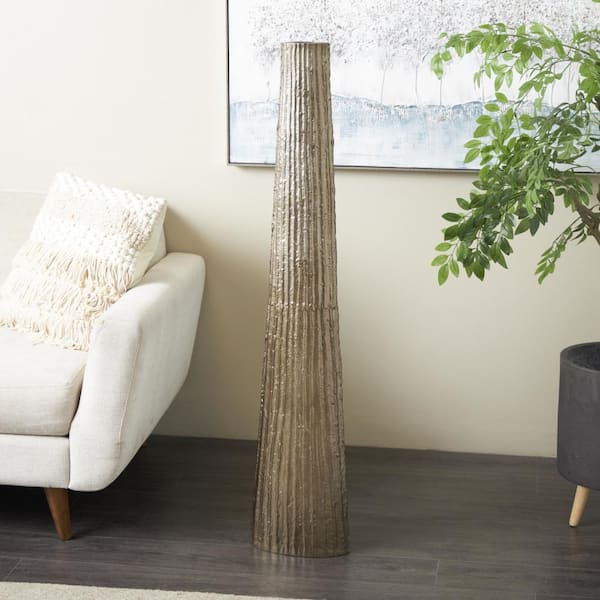 Brass Slim Flat Tall Floor Cone Aluminum Metal Decorative Vase with Textured Ridges