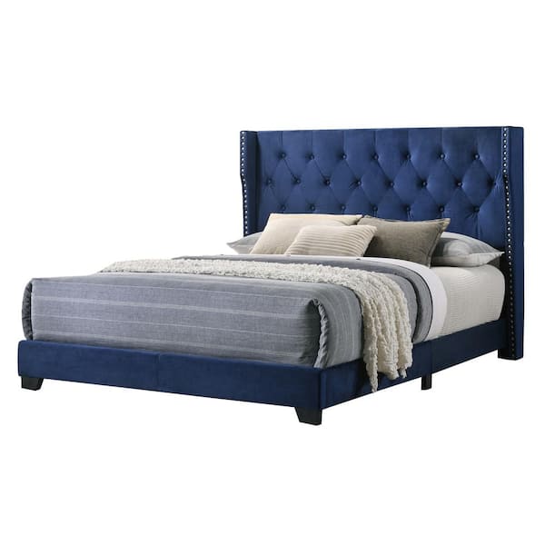Best Quality Furniture Larna Navy Blue Velvet Upholstered Full Panel Bed