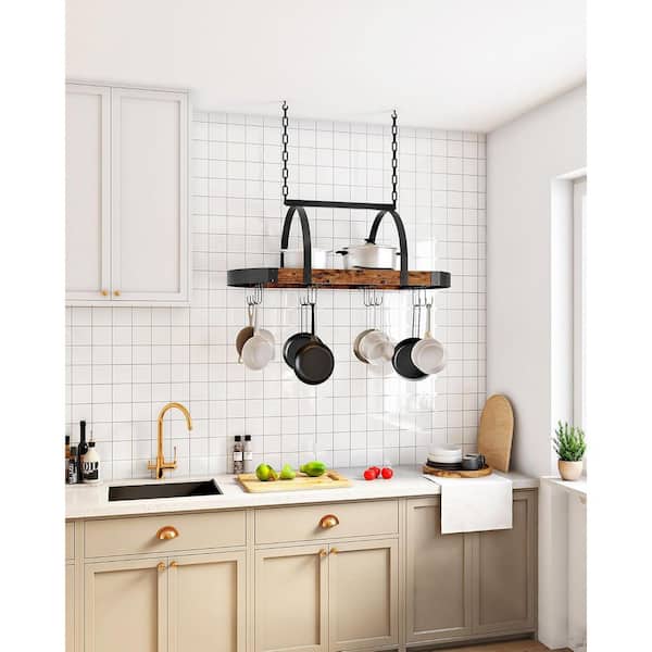 Rustic Brown and Black Ceiling Mounted Hanging Rack Pot Rack with 12 Hooks Space Saving Kitchen Organizer 31.5 x 15.7