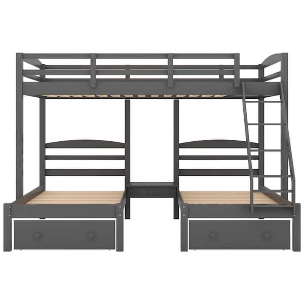 Unbranded Gray Full Over Twin and Twin Bunk Bed, Triple Bunk Bed with-Drawers