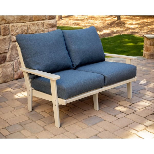 POLYWOOD Grant Park Sand Deep Seating Plastic Outdoor Loveseat with Stone Blue Cushions