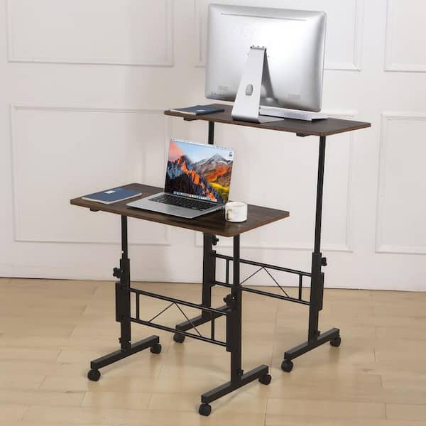 Adjustable Small Standing 31.5 in. W Computer Desk with Wheels – Mobile Laptop Table for Home Office Deep Brown