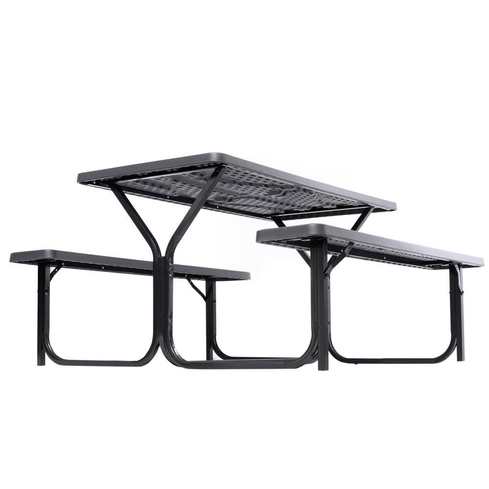 Gray Woodgrain Plastic and Metal Frame Outdoor Picnic Table Set