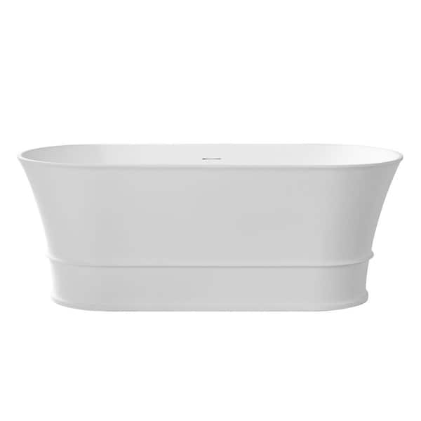 59 in. x 28 in. Oval Freestanding Solid Surface Soaking Bathtub in Matte White, Classic Design, Durable Non-Yellowing