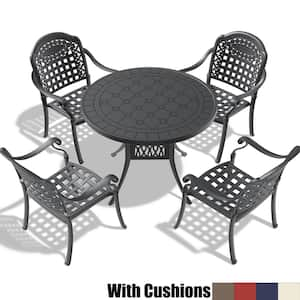 5-Piece Black Cast Aluminum Outdoor Dining Set, Patio Furniture with 39.37 in. Round Table and Random Color Cushions