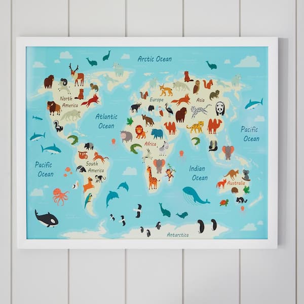 StyleWell Kids World Map White Framed Wall Art (17 in. W x 21 in. H)