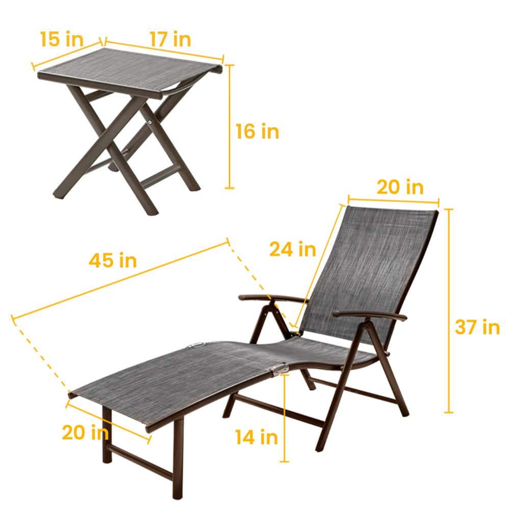2-Person Black and Gray Aluminum Adjustable Chaise Lounge Set with Table