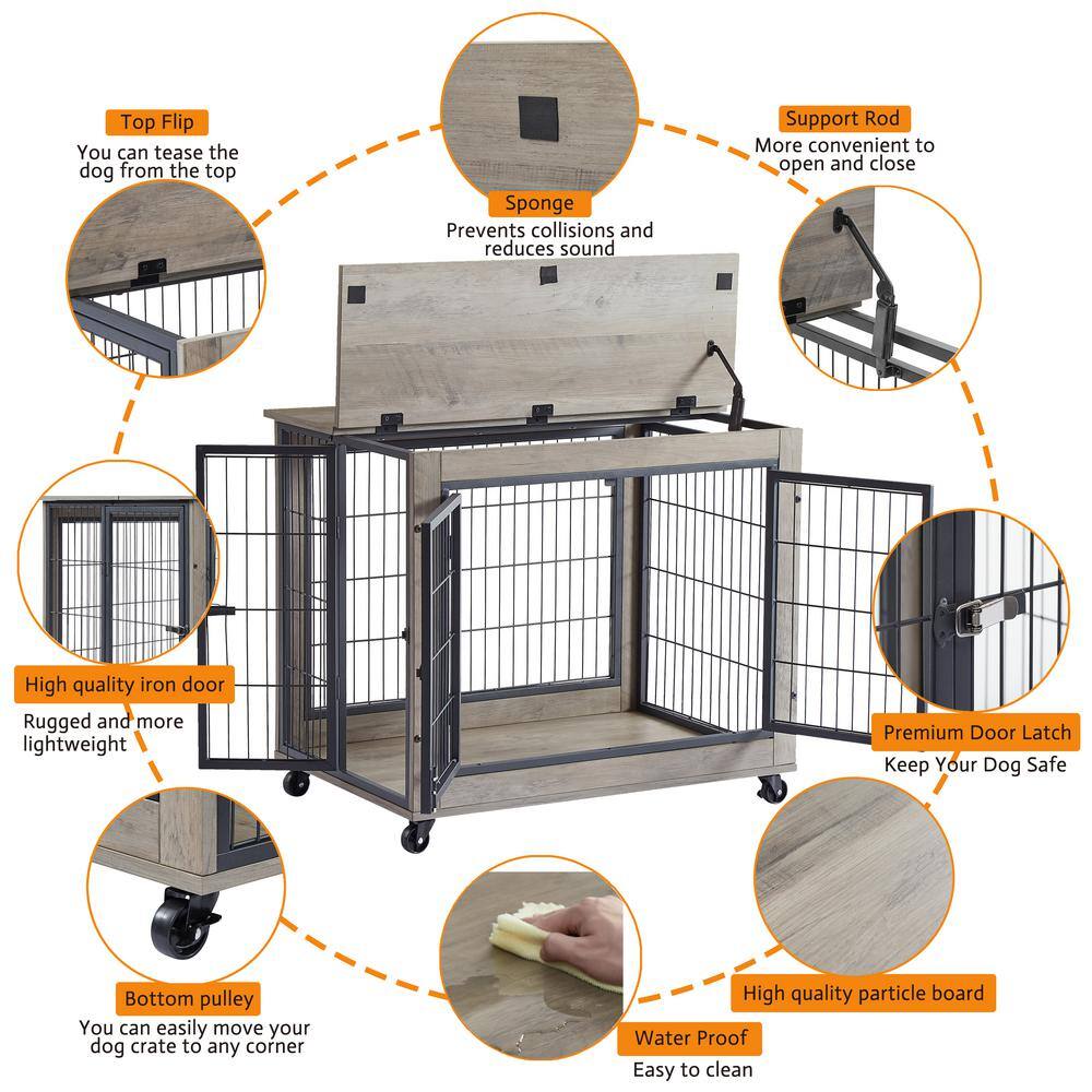 Gray Rolling Wooden Dog Crate Side Table with Double Doors