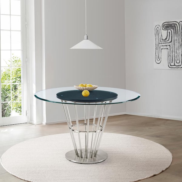 Armen Living Veronica Stainless Steel Glass Top 48 in. Pedestal Base Dining Table Seats 4