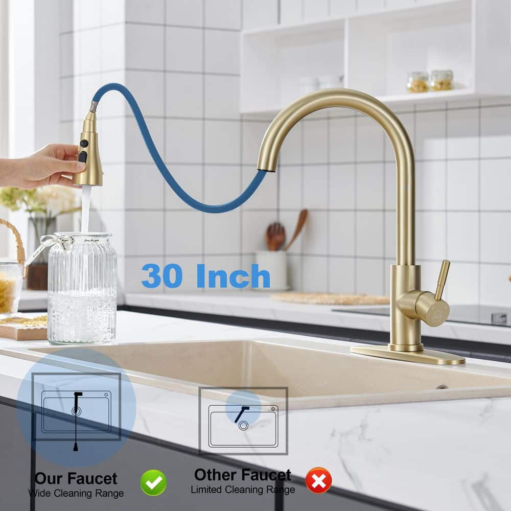 Brushed Gold Stainless Steel High Arc Kitchen Faucet with Pull-out Spray