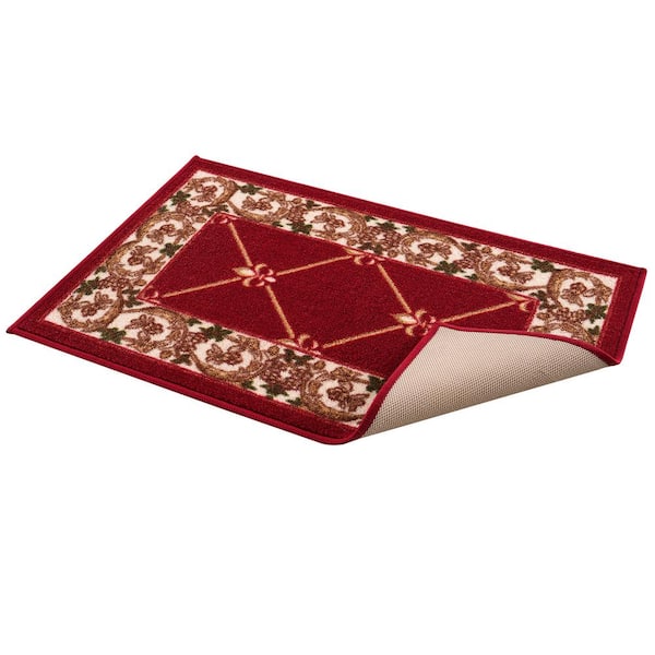 PLAYA RUG Carpet Mat Fleur De Lis Design Slip Resistant, Burgundy Red, 19.5 in. x 32 in.