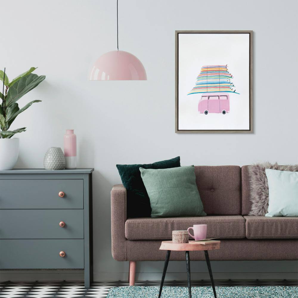 Sylvie Rainbow Surfing Van Framed Canvas Art, 18x24, Gray Frame
