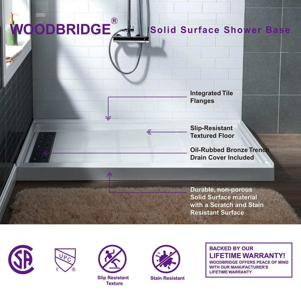 60" x 36" White Solid Surface Alcove Shower Pan Base with Left Drain