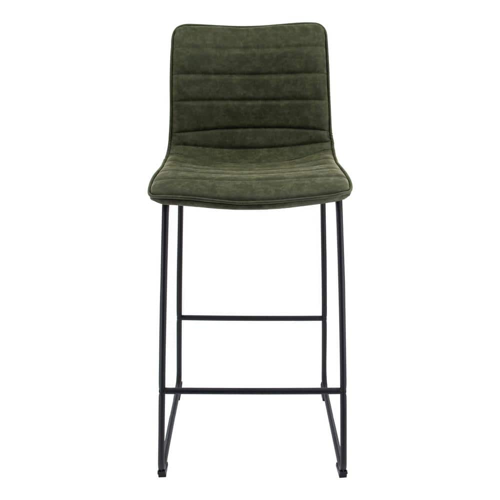Olive Green Leather and Black Iron Bar Stool Set of 2