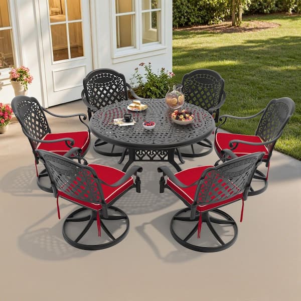 Isabella 7-Piece Cast Aluminum Patio Outdoor Dining Set W/ Round Dining Table, 6 Swivel Chairs and 6 Red Cushions