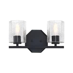 Haven 16 in. 2-Light Matte Black Vanity Light with Clear Rippled Glass Shades for Bathrooms