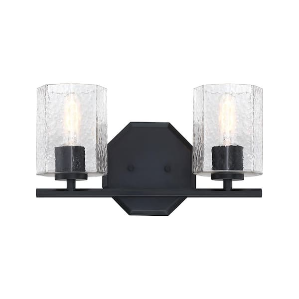 Haven 16 in. 2-Light Matte Black Modern Vanity Light with Clear Rippled Glass Shades
