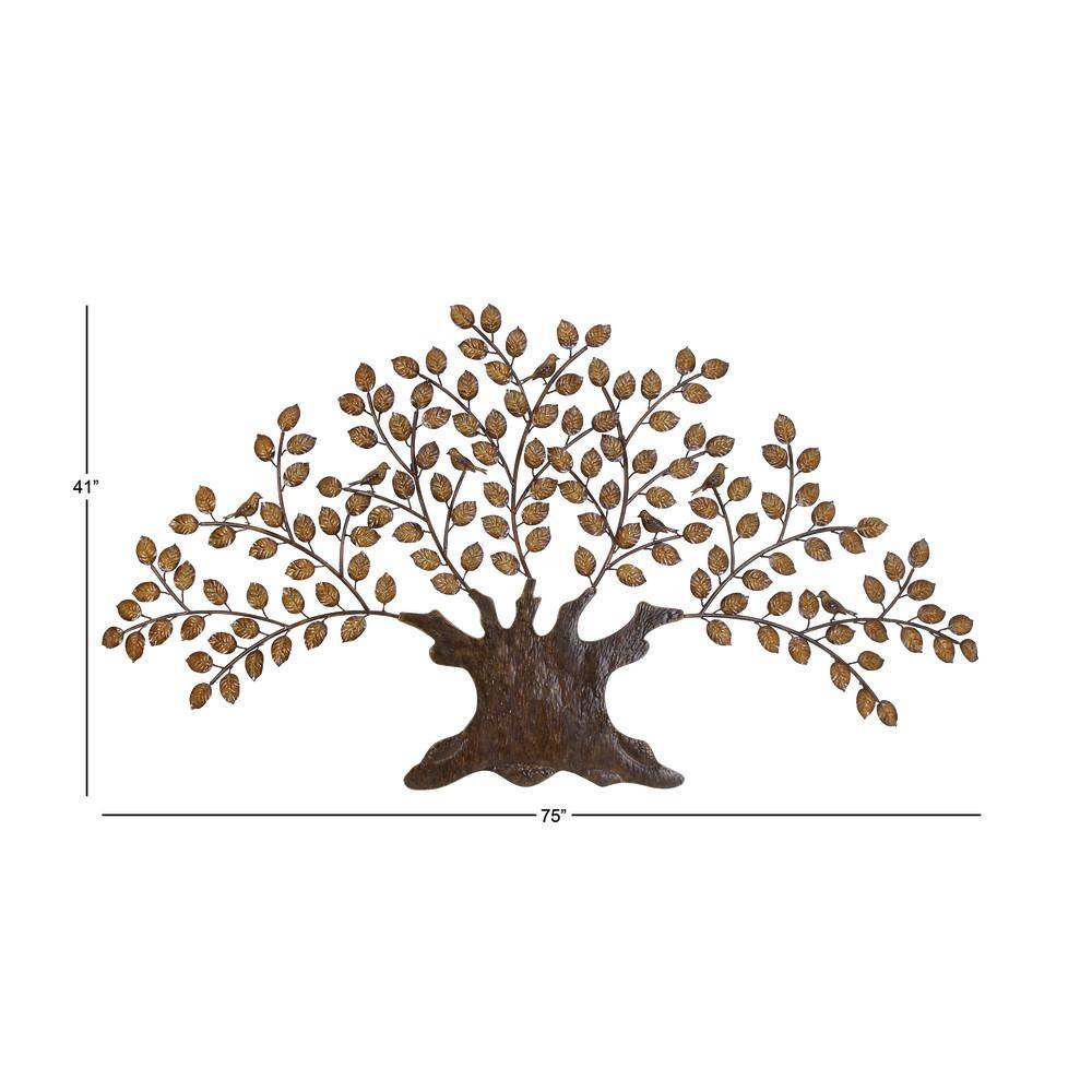Large Brown and Gold Metal Tree Wall Sculpture with Leaves