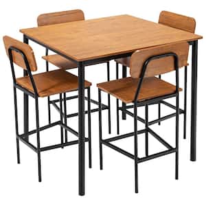 5-Piece Square Walnut Industrial Wood Top Dining Table Set with Counter Height Table and 4-Bar Stools