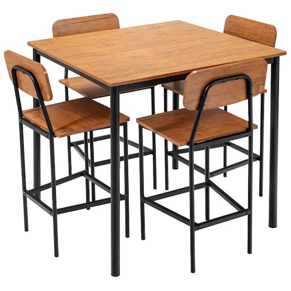 Costway 5-Piece Square Walnut Industrial Wood Top Dining Table Set with Counter Height Table and 4-Bar Stools