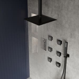 Triple Handles 7-Spray Patterns Shower Faucet 12 in. Shower Head with 6-Jets in Matte Black (Valve Included)