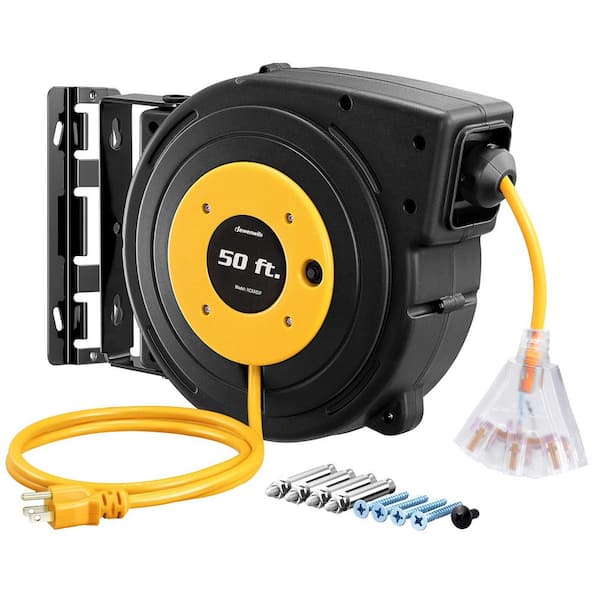 50 ft. 14/3 SJTOW 13 Amp Retractable Extension Cord Reel with 3-Lighted Triple Outlets, Yellow