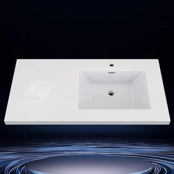 Tor 42 in. W x 22 in. D Solid Surface Cultured Marble White Single Right Offset Sink Bath Vanity Top Basin Countertop