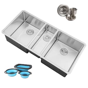 Undermount 16-Gauge Stainless Steel 42 in. x 20 in x 10 in. Triple Bowl Kitchen Sink with Collapsible Silicone Colanders